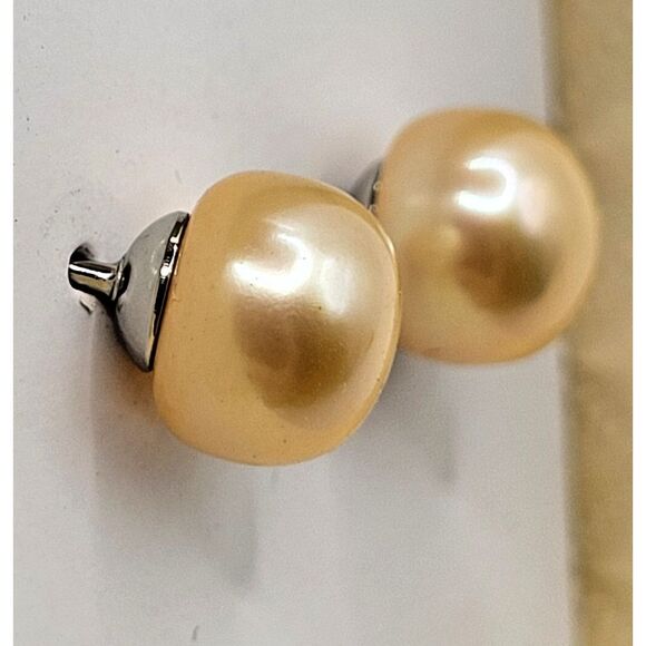 8mm Post Stud Simulated Pearl Earrings Stainless Steel Backs Golden - Picture 1 of 4